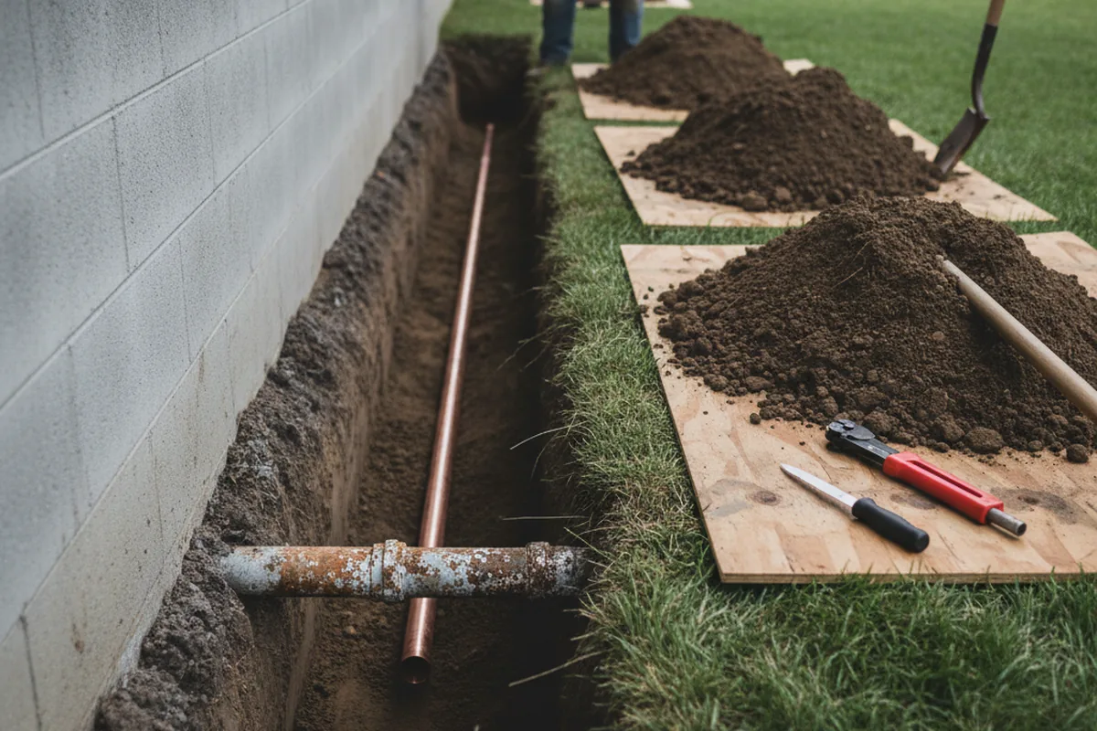 Excavated water line trench during Sewer Line Repair in Aurora